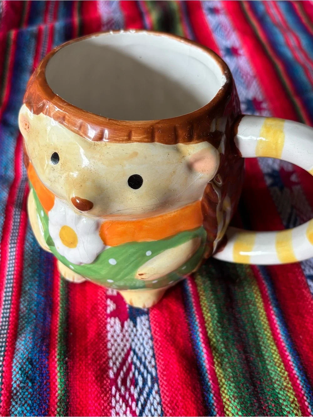 Y2K Pier 1 Ceramic Hedgehog Mug in Orange, Green and Brown